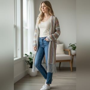 POL Boho Crochet Duster Cardigan Fringe Open Knit Boutique Sweater Womens Medium